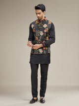 Printed linen satin black waistcoat set