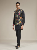 Printed linen satin black waistcoat set