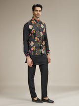 Printed linen satin black waistcoat set