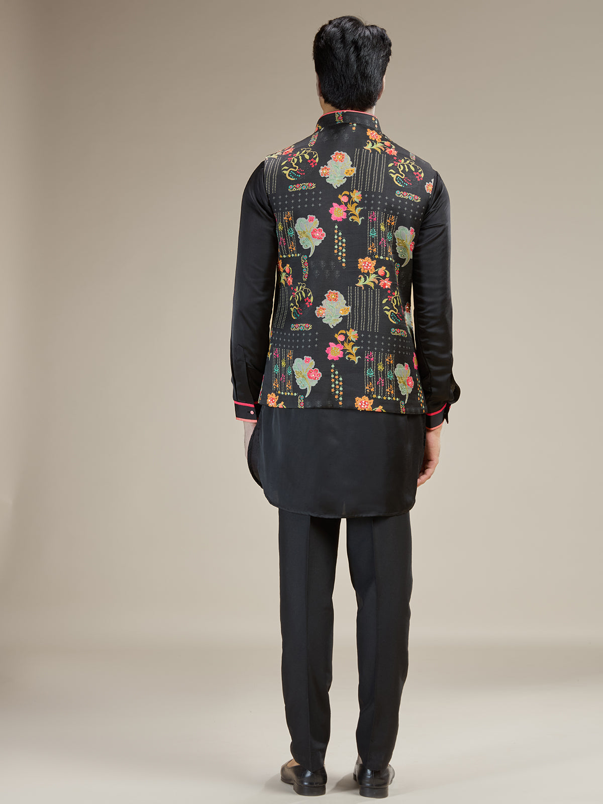 Printed linen satin black waistcoat set