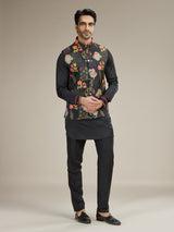 Printed linen satin black waistcoat set