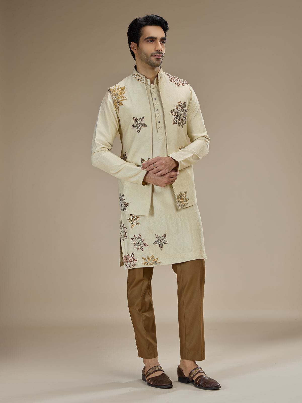 Beige silk waistcoat set for stunning wedding celebration