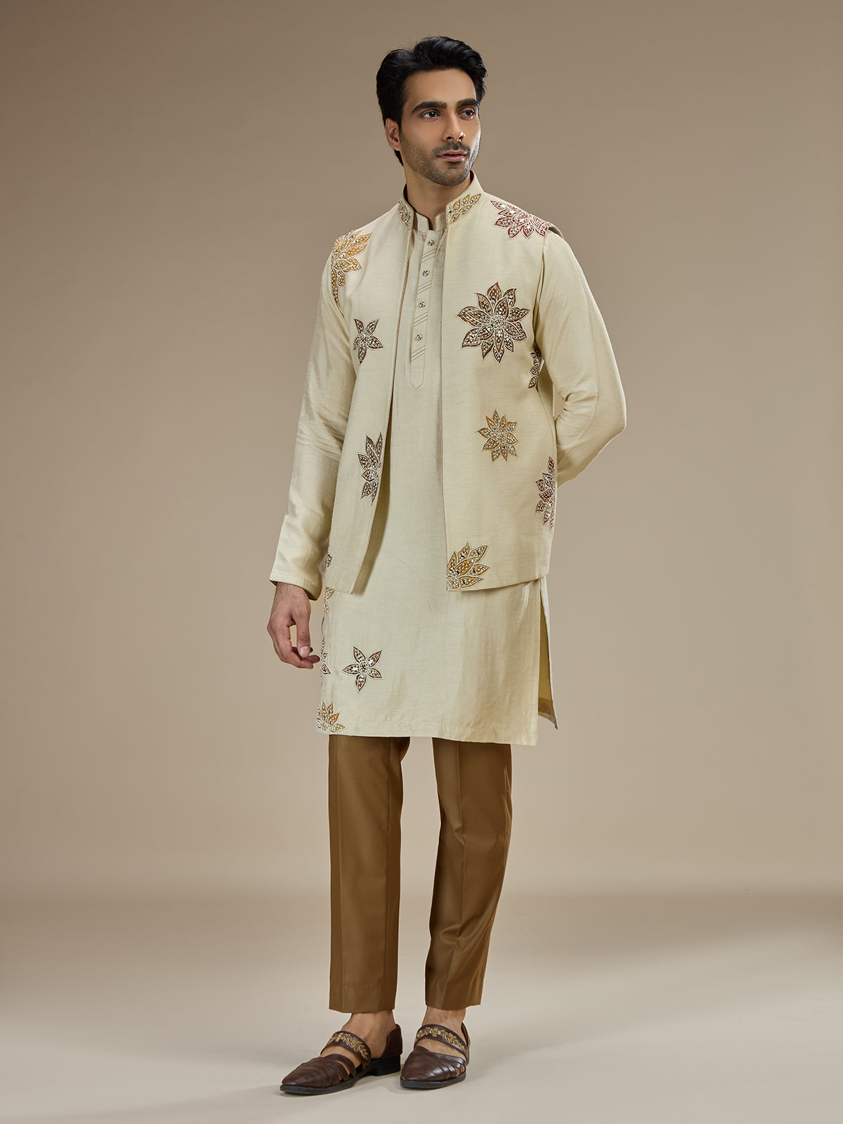 Beige silk waistcoat set for stunning wedding celebration