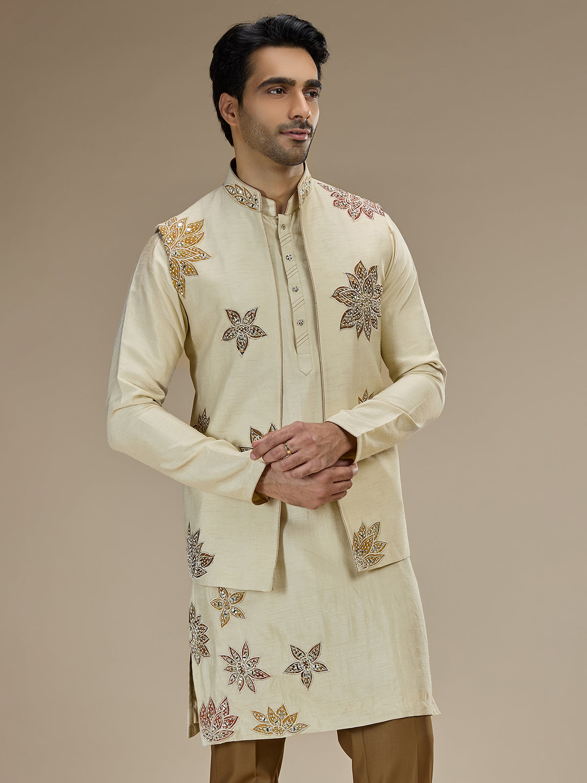 Beige silk waistcoat set for stunning wedding celebration
