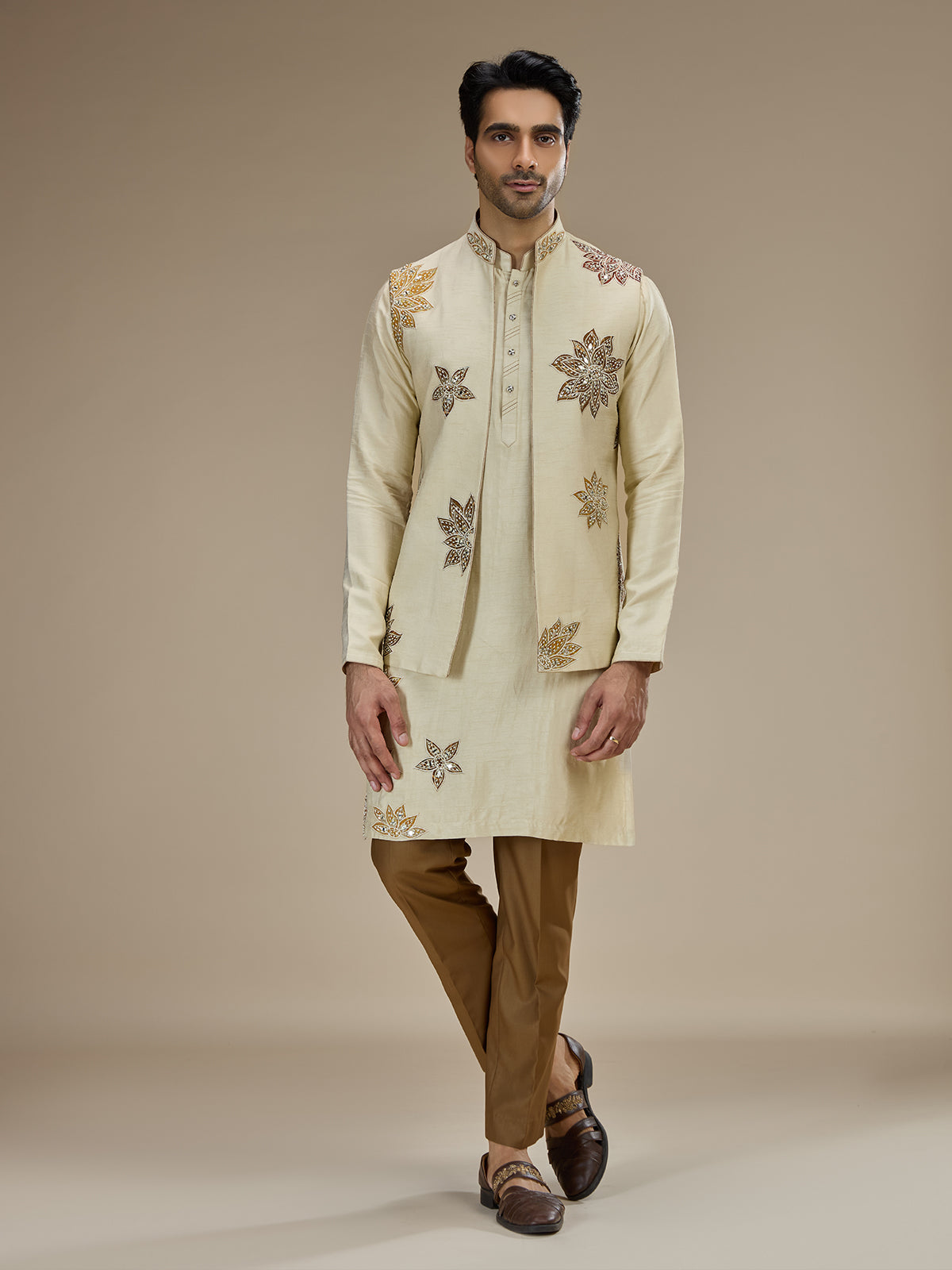 Beige silk waistcoat set for stunning wedding celebration
