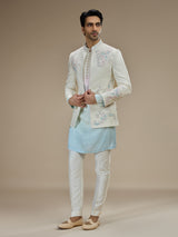 Baby blue jacquard silk men indowestern for wedding