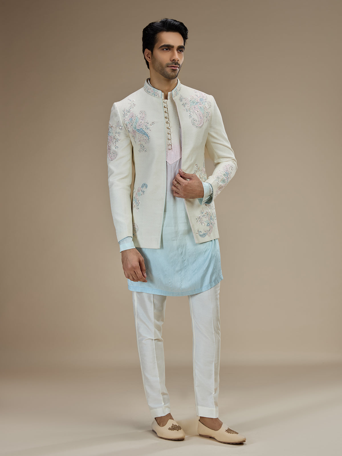Baby blue jacquard silk men indowestern for wedding