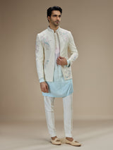 Baby blue jacquard silk men indowestern for wedding