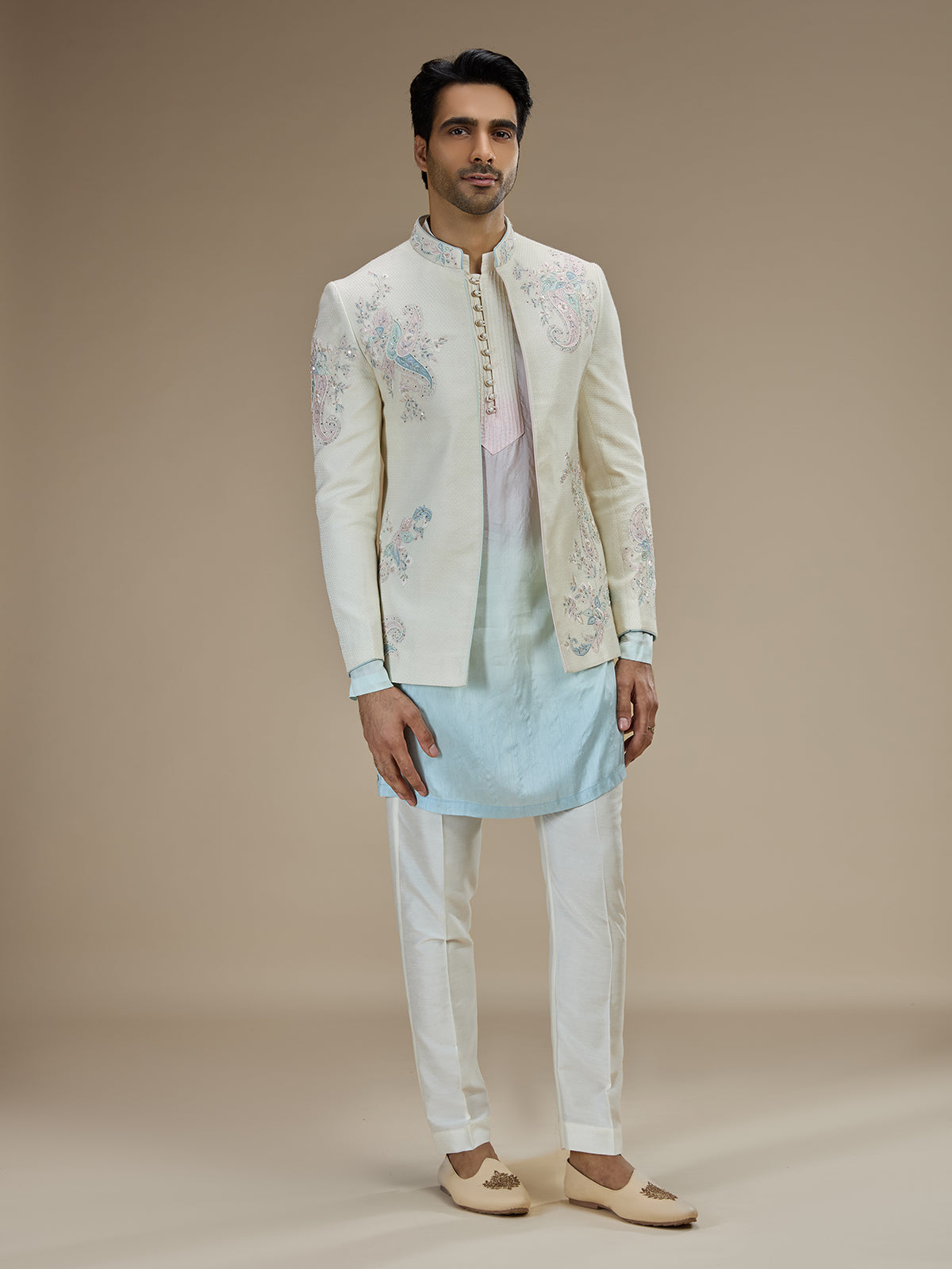 Baby blue jacquard silk men indowestern for wedding