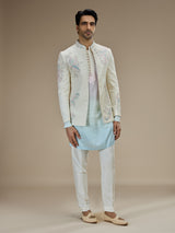Baby blue jacquard silk men indowestern for wedding