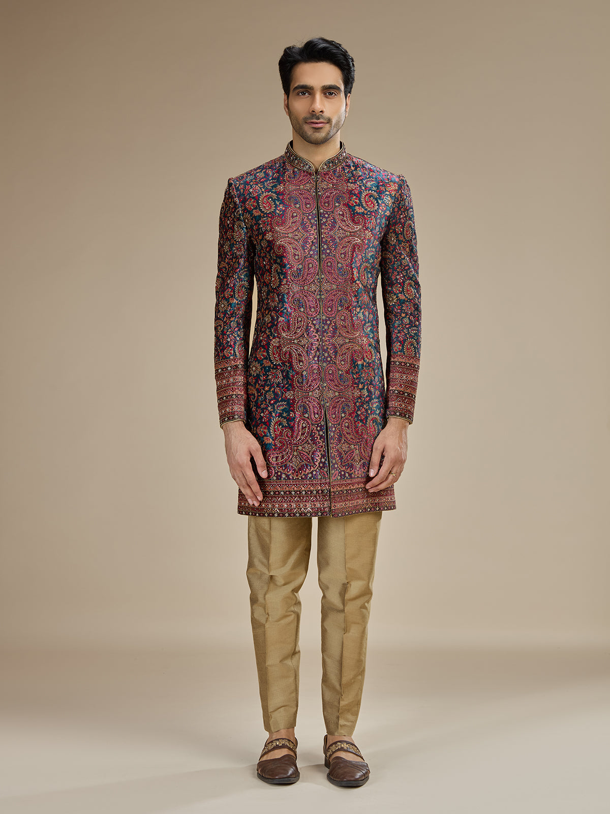 Traditional rama blue velvet indowestern for men