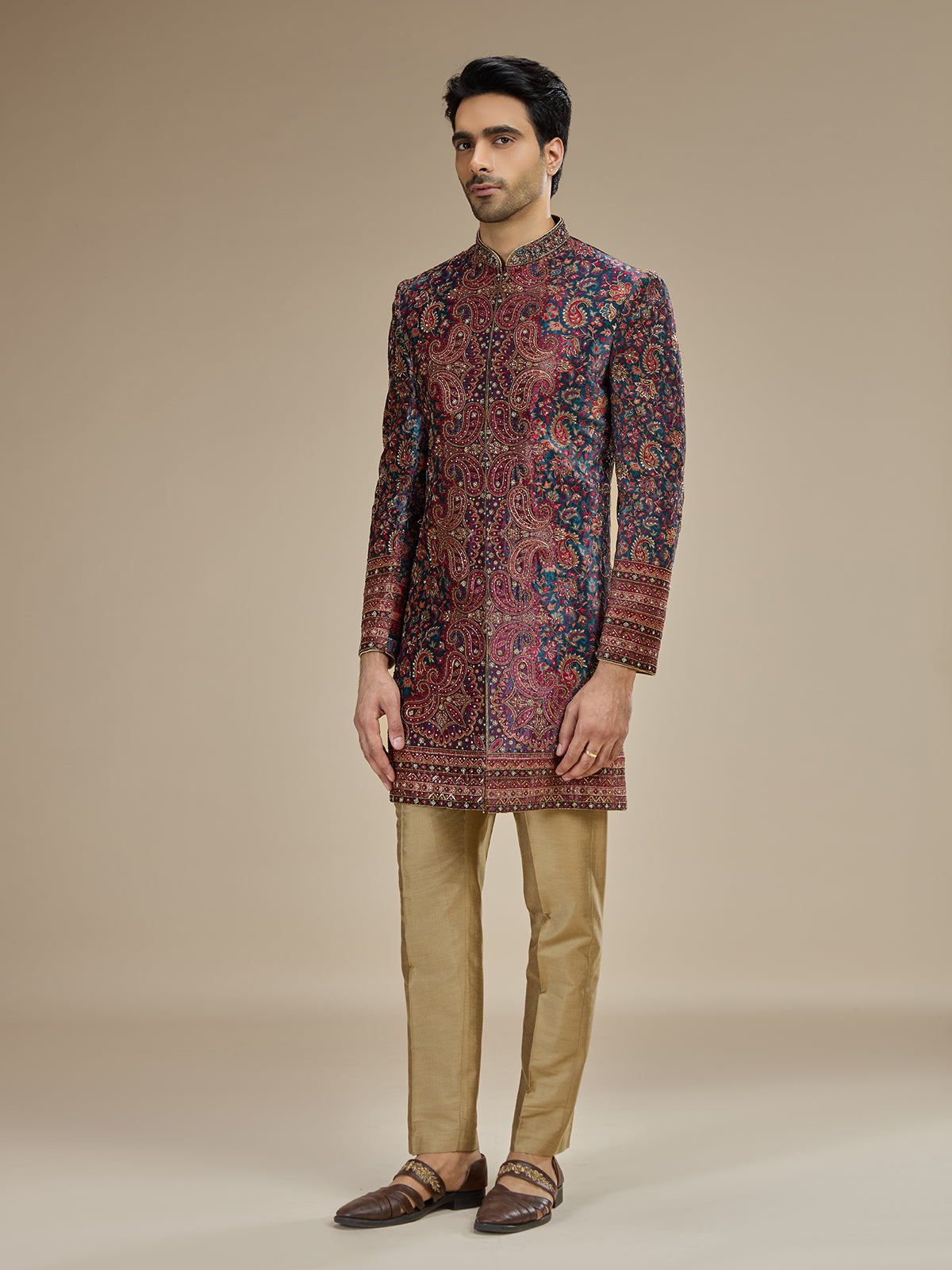 Traditional rama blue velvet indowestern for men