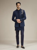 Navy silk blend wedding indowestern for men