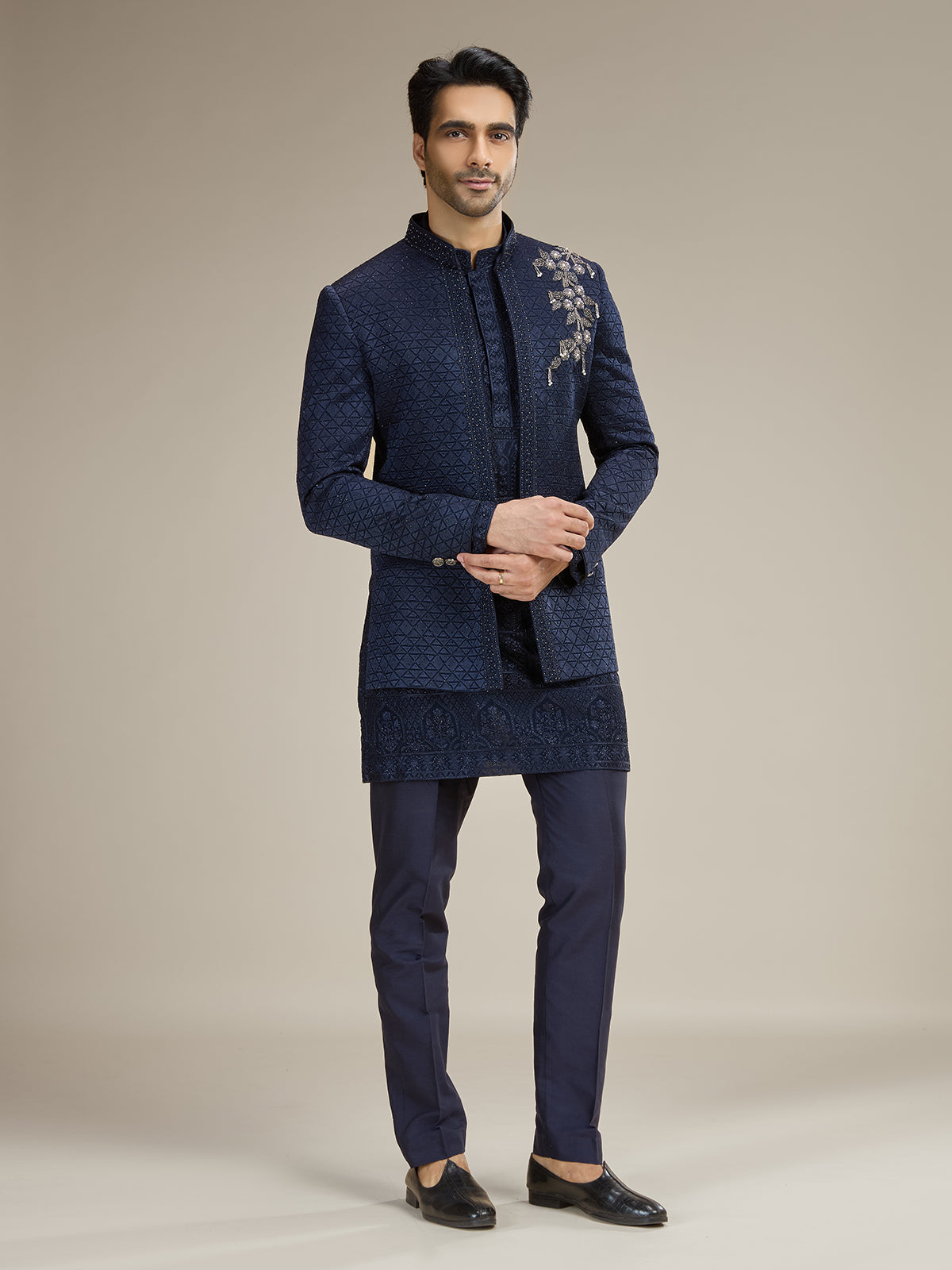 Navy silk blend wedding indowestern for men