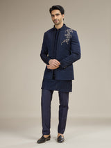 Navy silk blend wedding indowestern for men