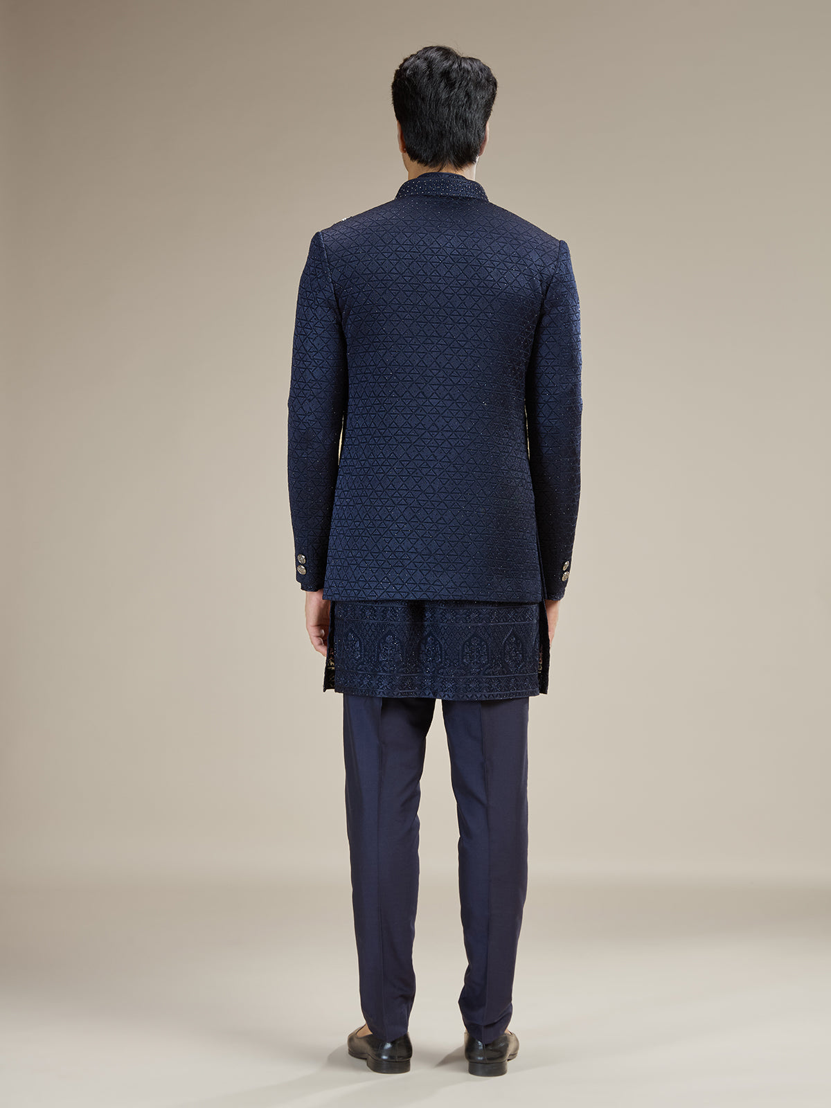 Navy silk blend wedding indowestern for men