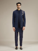 Navy silk blend wedding indowestern for men