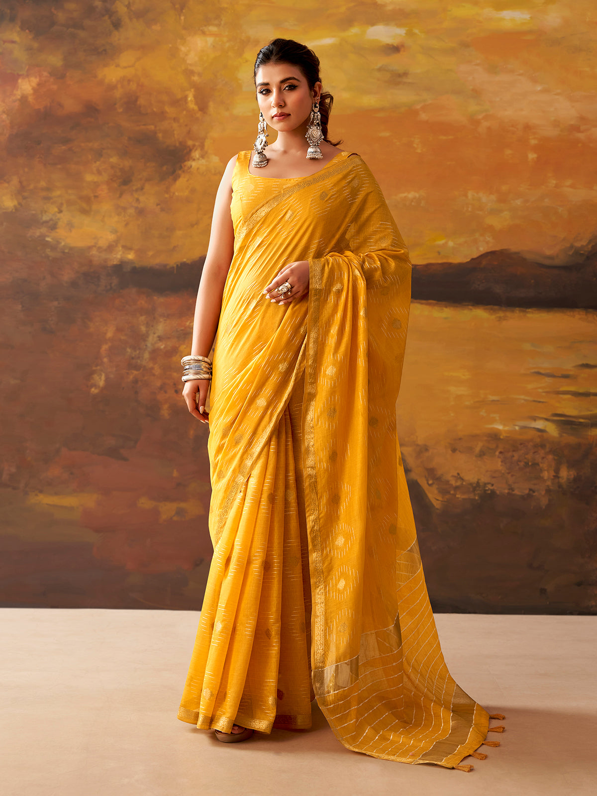 Yellow woven modal cotton festive saree