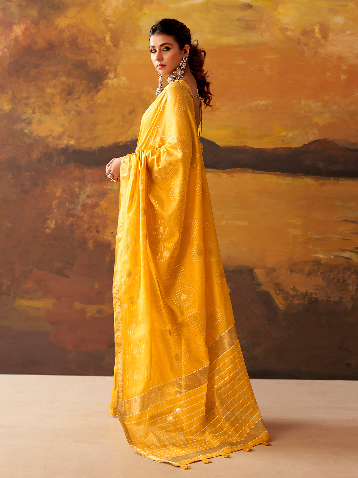 Yellow woven modal cotton festive saree