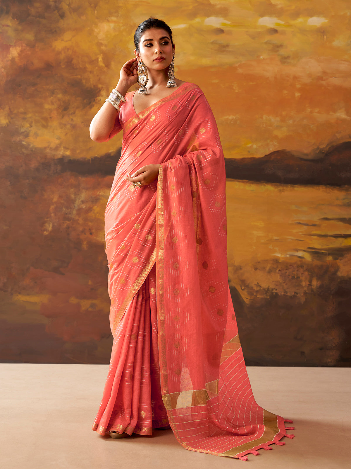 Pink woven modal cotton festive saree