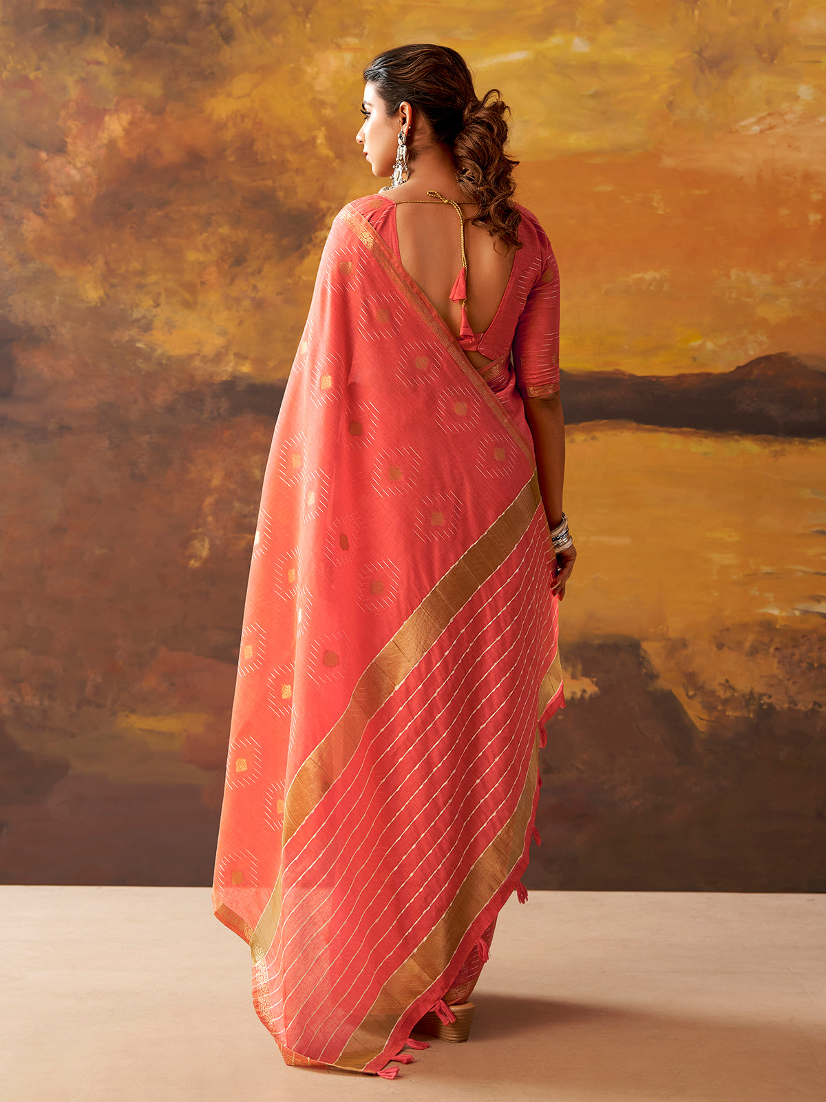 Pink woven modal cotton festive saree