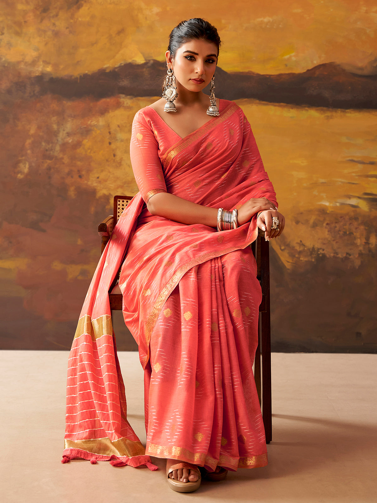 Pink woven modal cotton festive saree