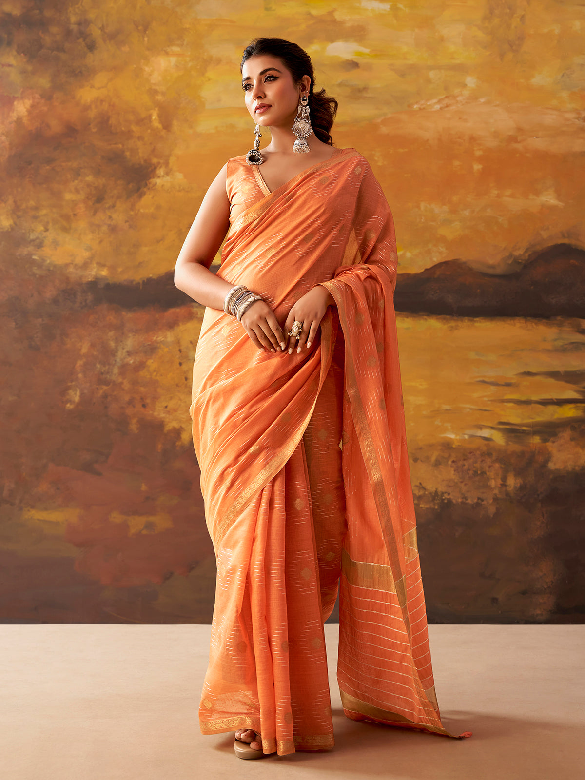 Peach woven modal cotton festive saree