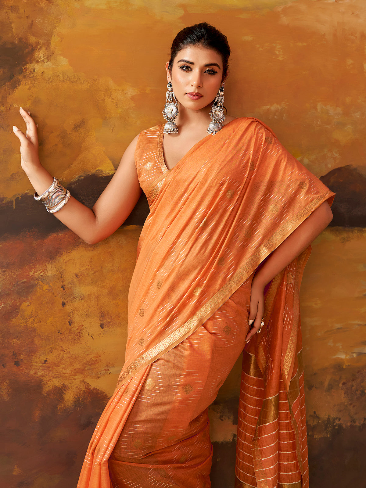 Peach woven modal cotton festive saree
