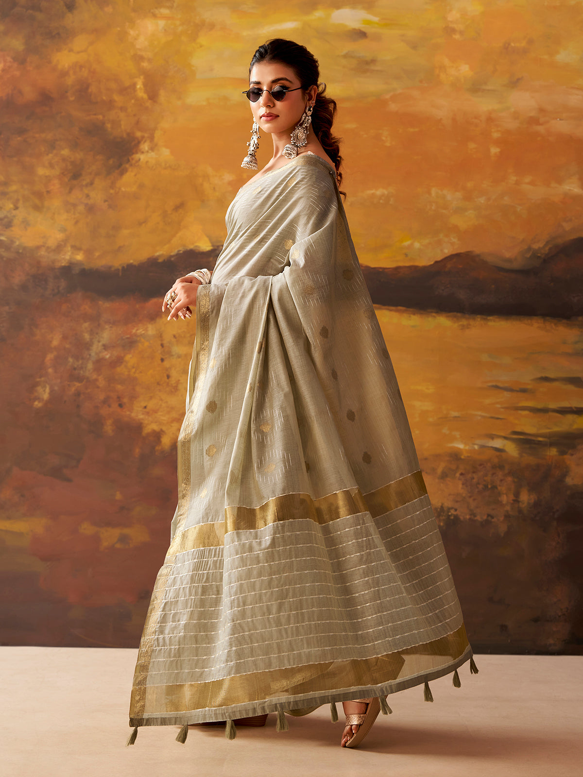 Light grey woven modal cotton festive saree