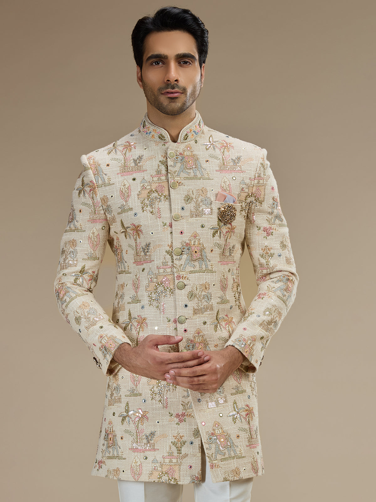 Cream men mughal garden indo western