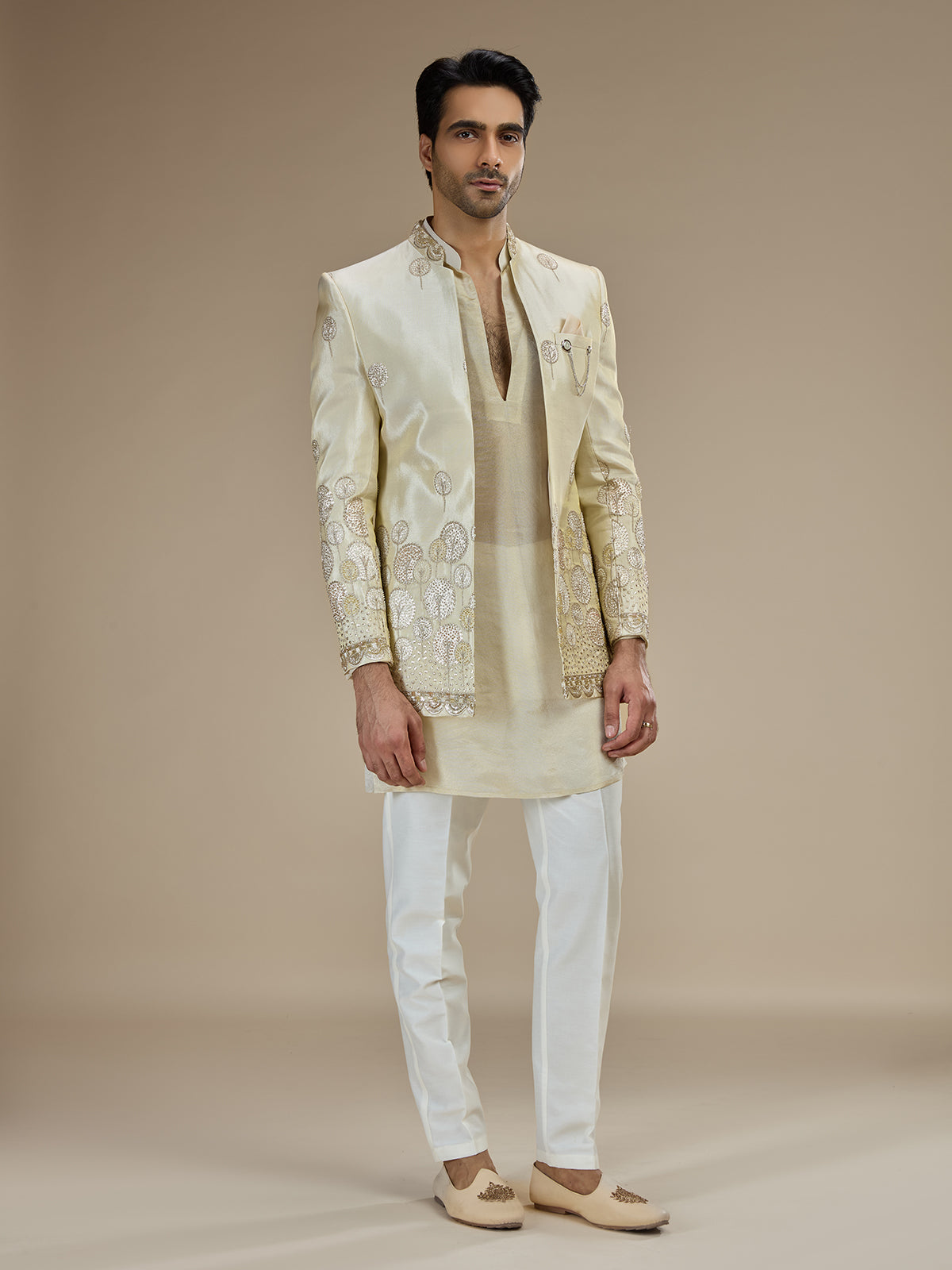 Cream men medallion embroidered indo western