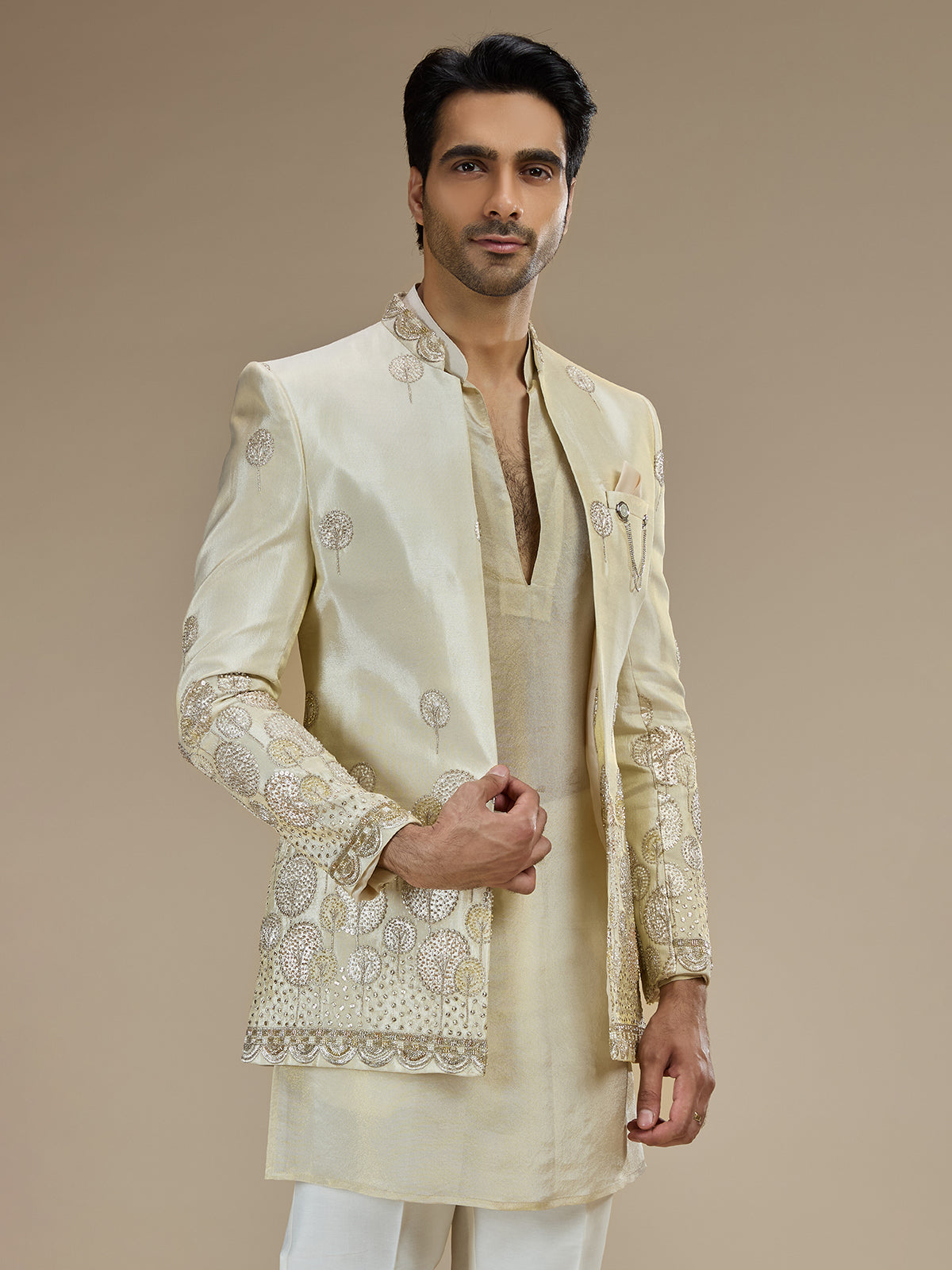 Cream men medallion embroidered indo western