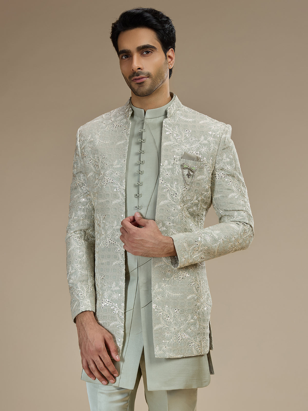 Sage green men floral bandhgala indo western