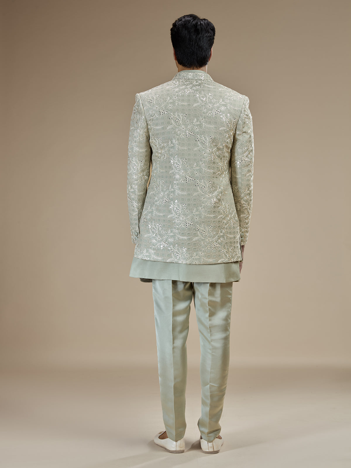 Sage green men floral bandhgala indo western