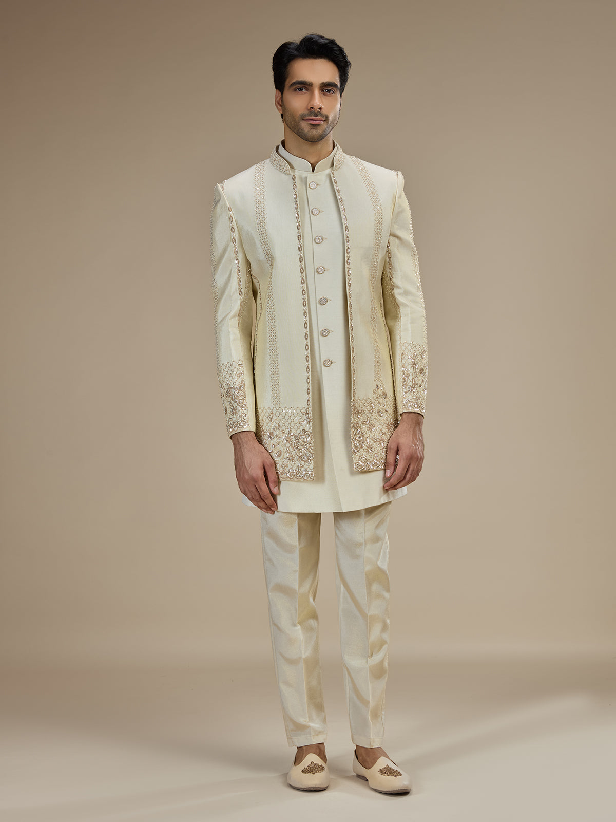 Cream men floral sequin indo western