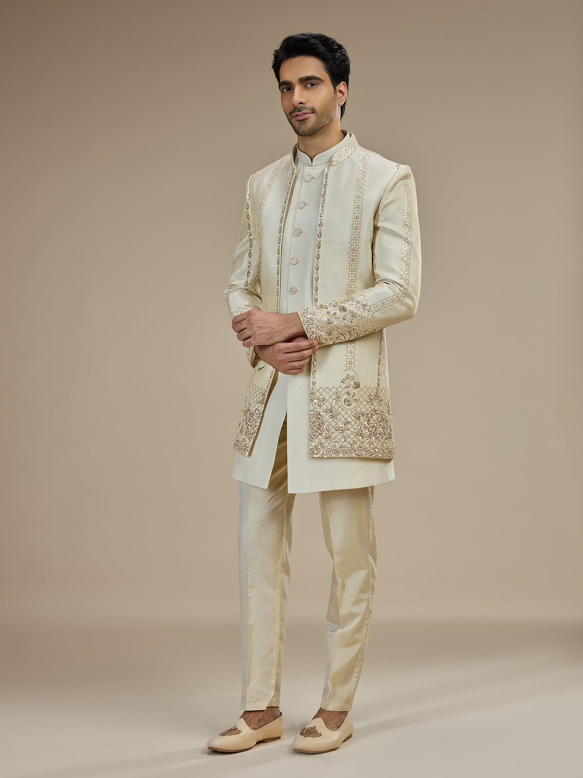 Cream men floral sequin indo western