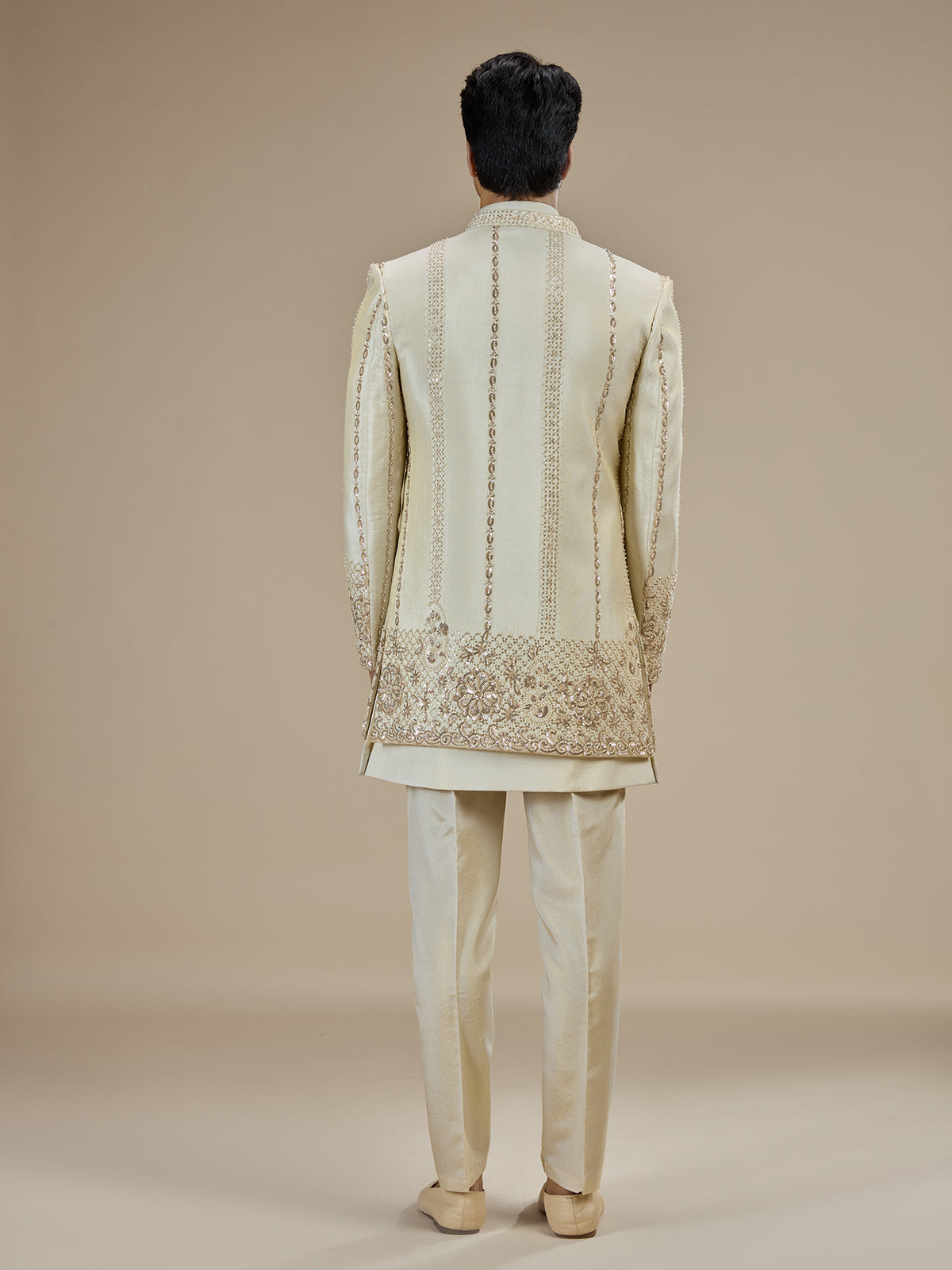 Cream men floral sequin indo western