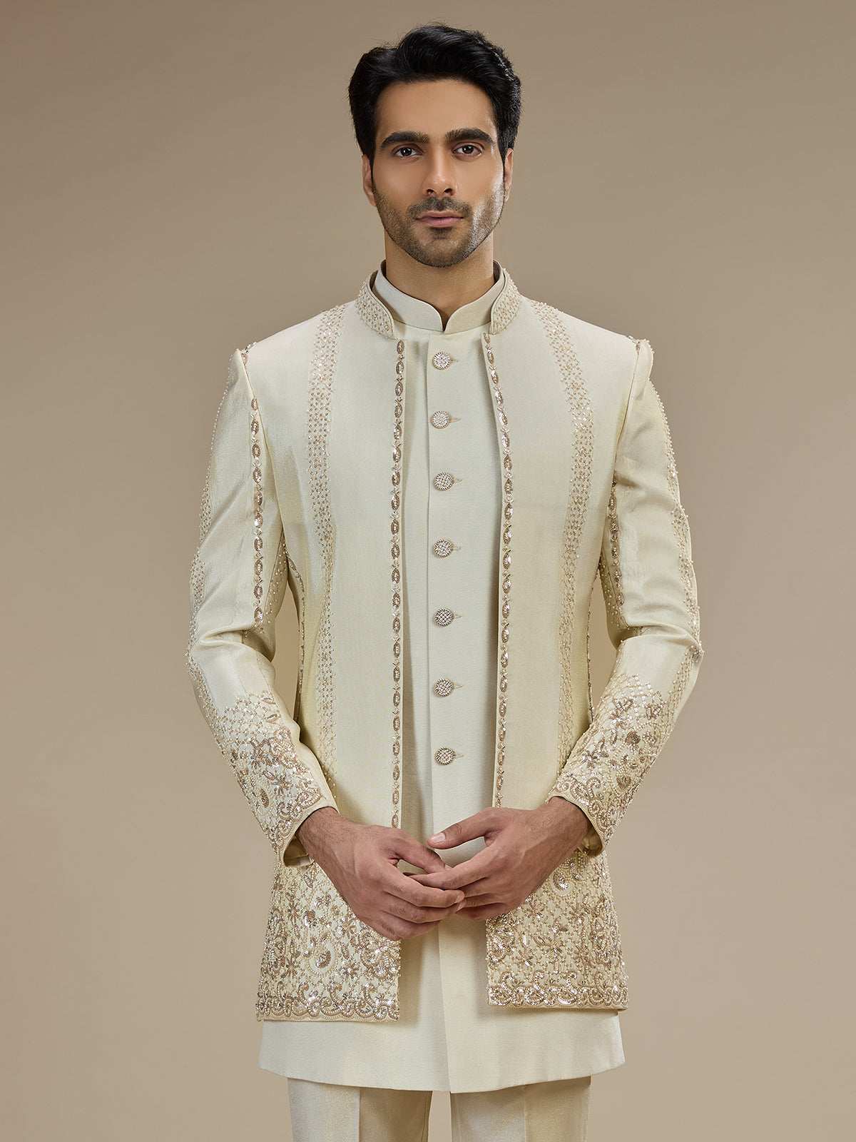 Cream men floral sequin indo western
