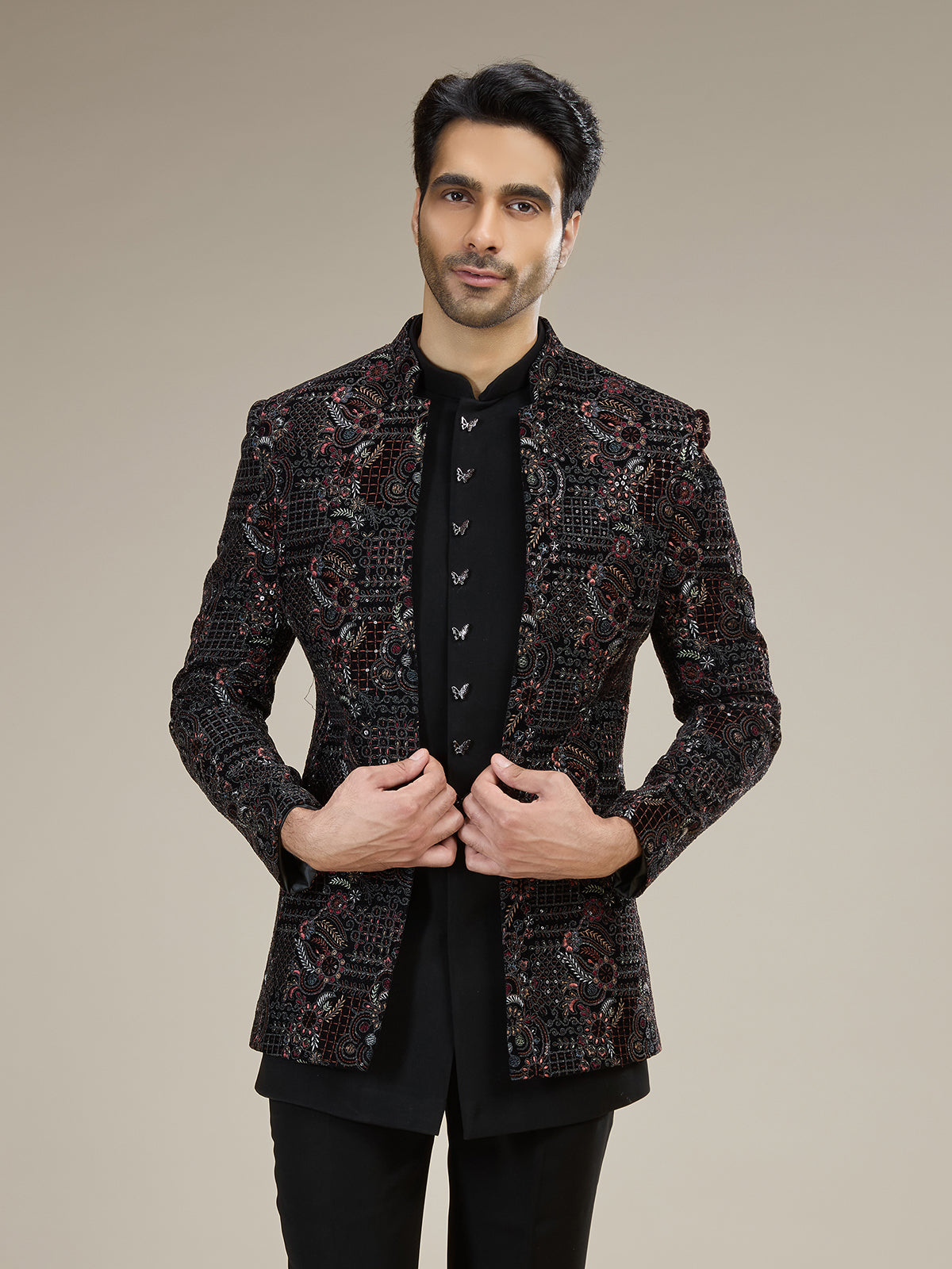 Black men botanical velvet indo western