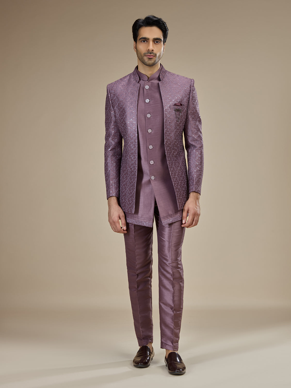 Dusty mauve men layered sequin indo western