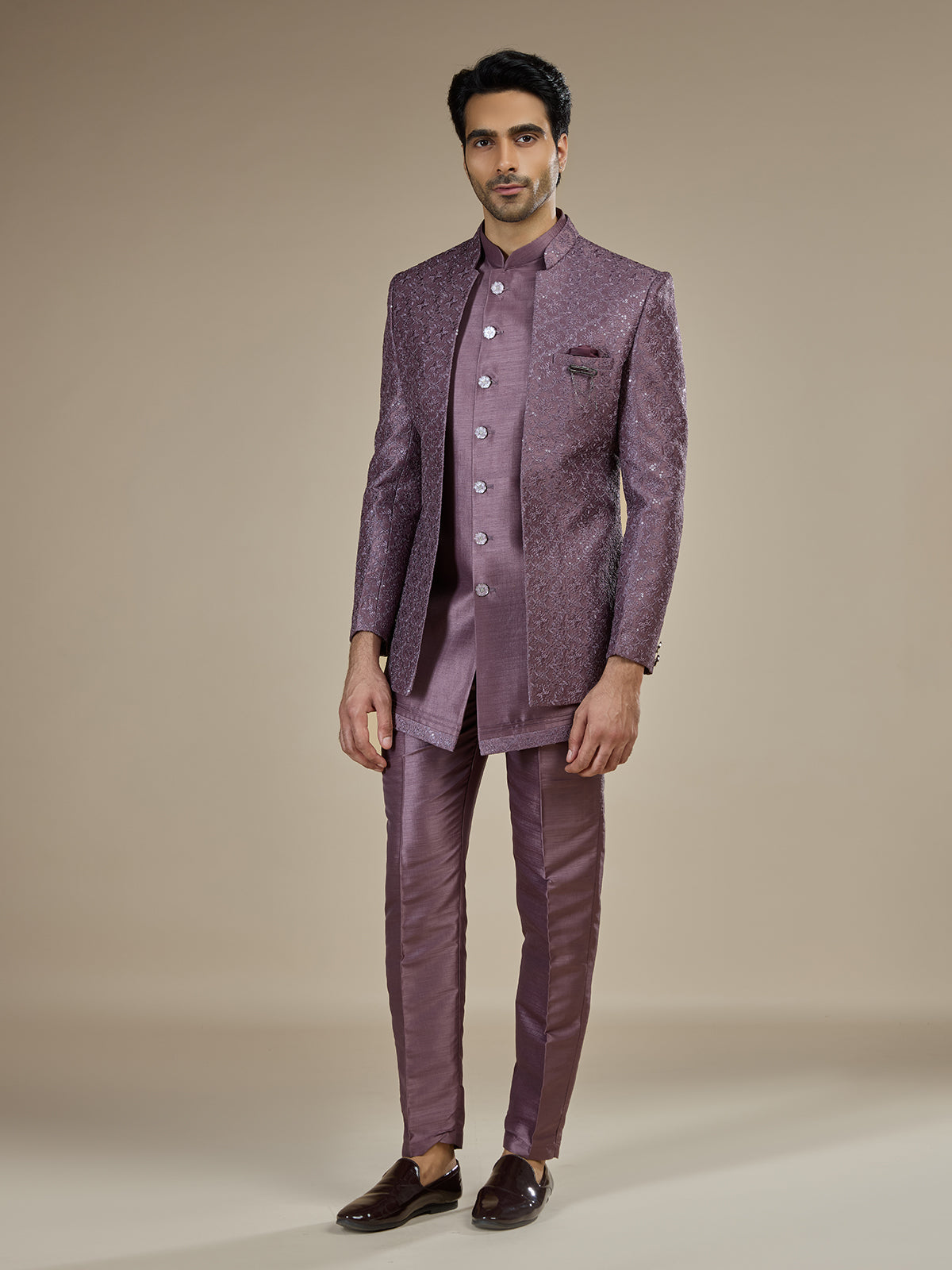 Dusty mauve men layered sequin indo western