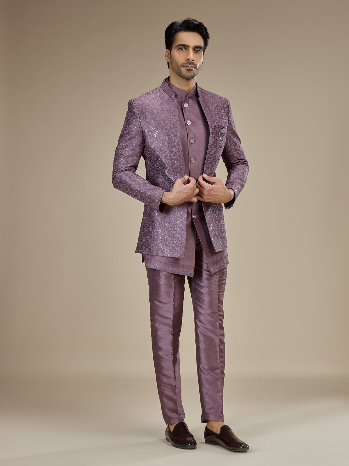 Dusty mauve men layered sequin indo western