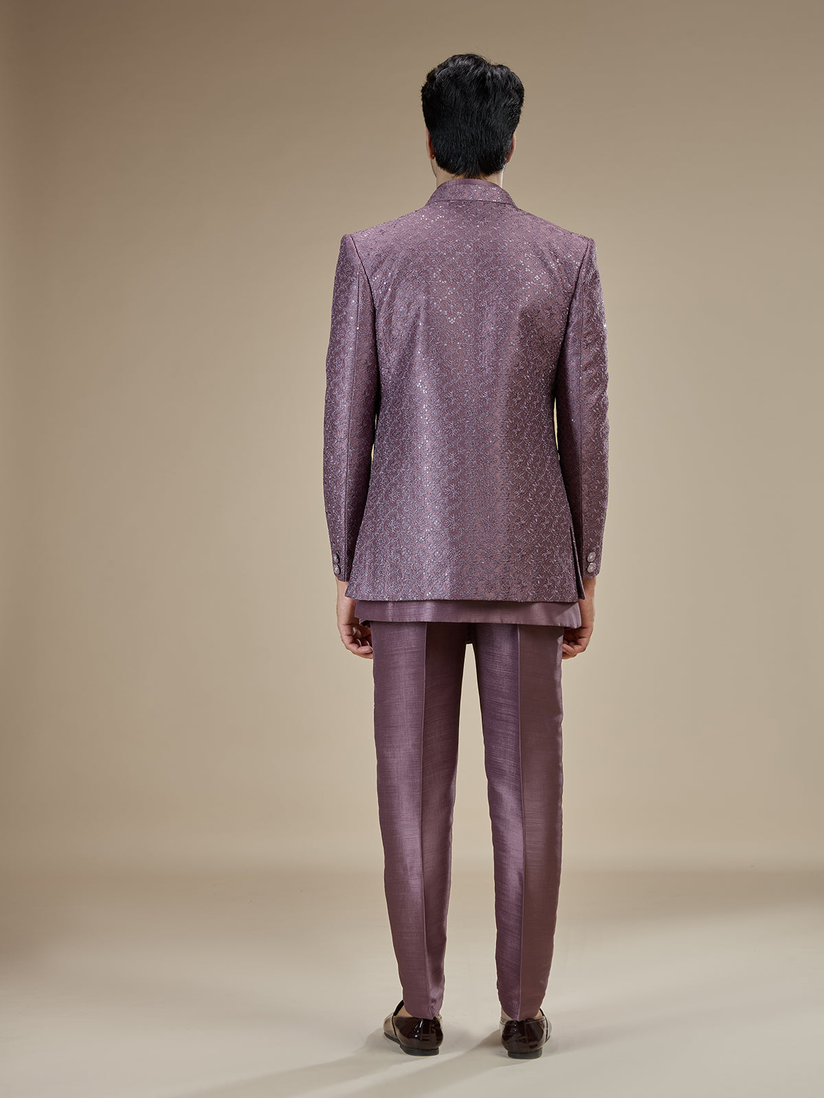 Dusty mauve men layered sequin indo western