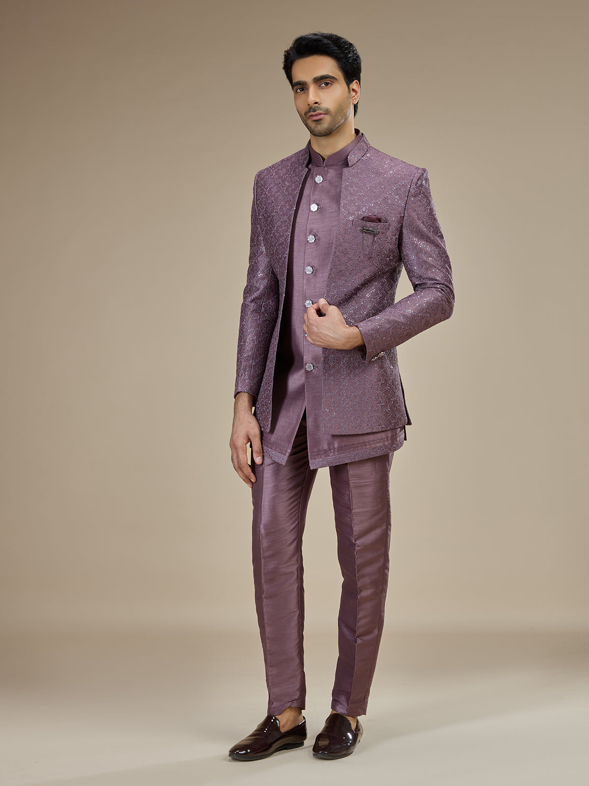 Dusty mauve men layered sequin indo western