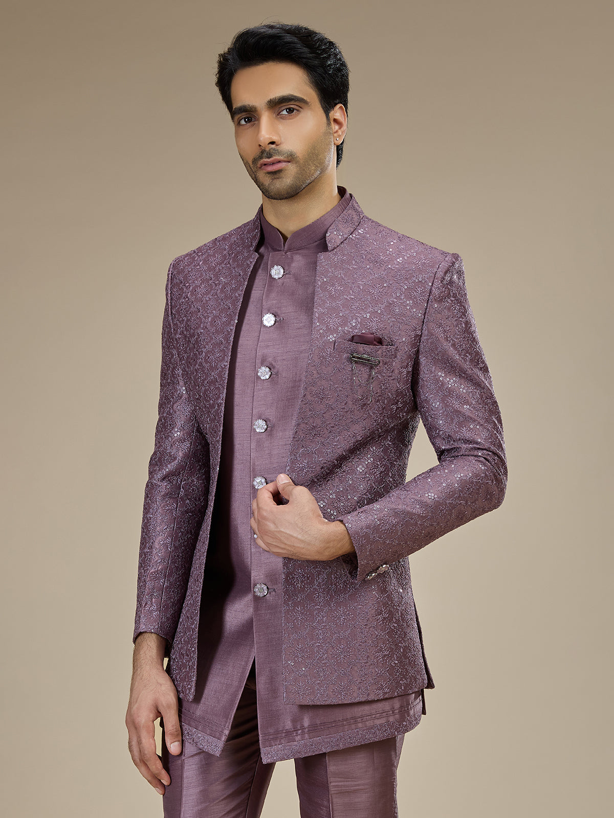 Dusty mauve men layered sequin indo western