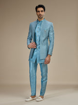 Powder blue men layered sequin indo western