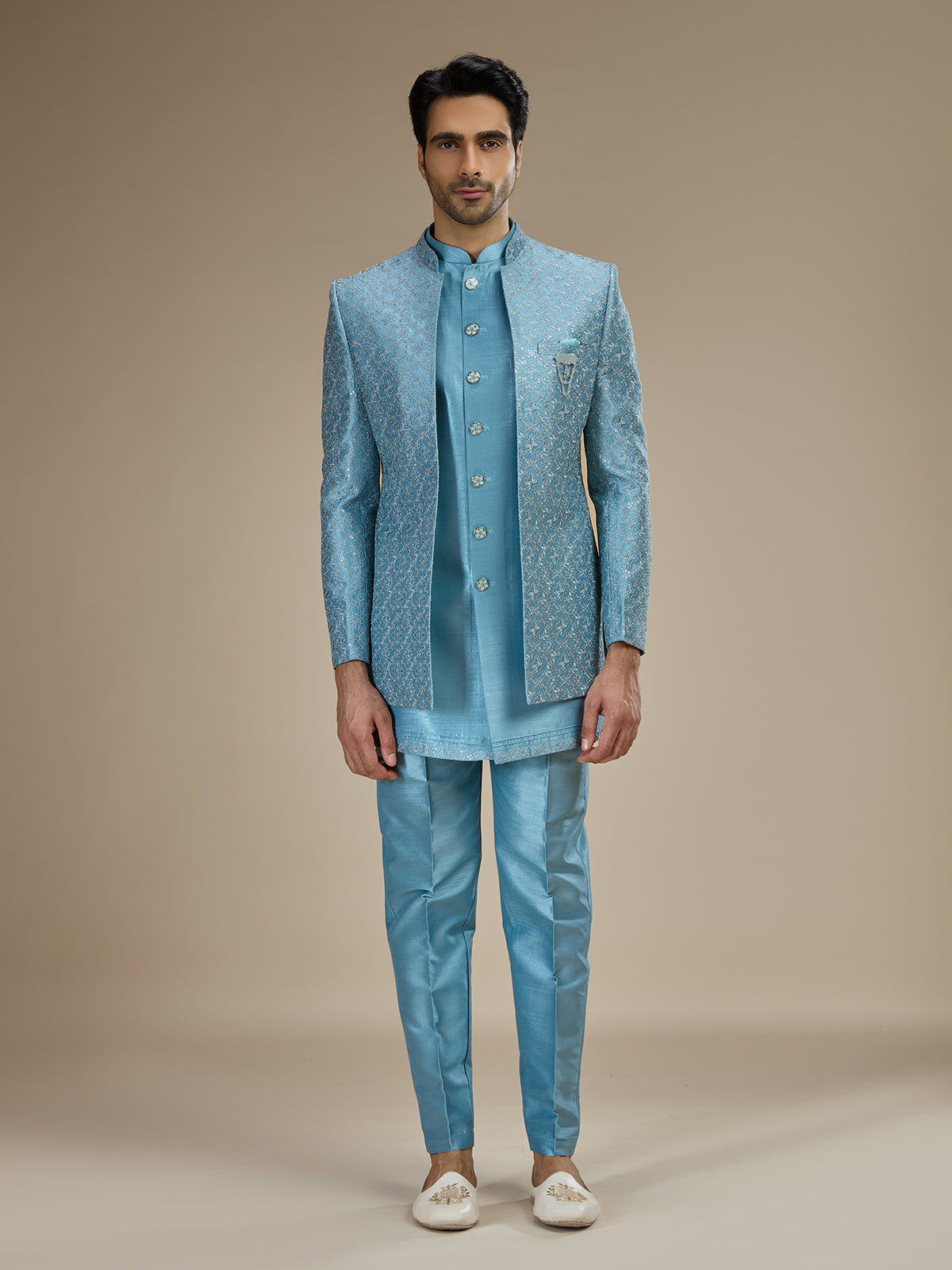 Powder blue men layered sequin indo western