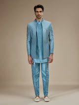 Powder blue men layered sequin indo western