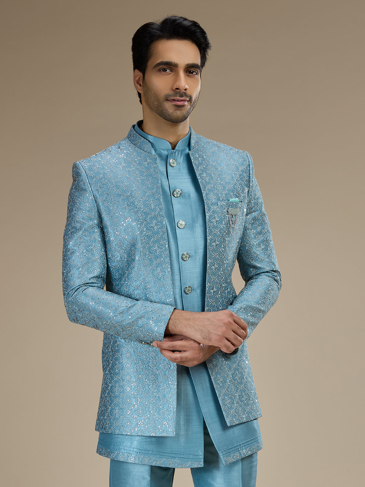 Powder blue men layered sequin indo western