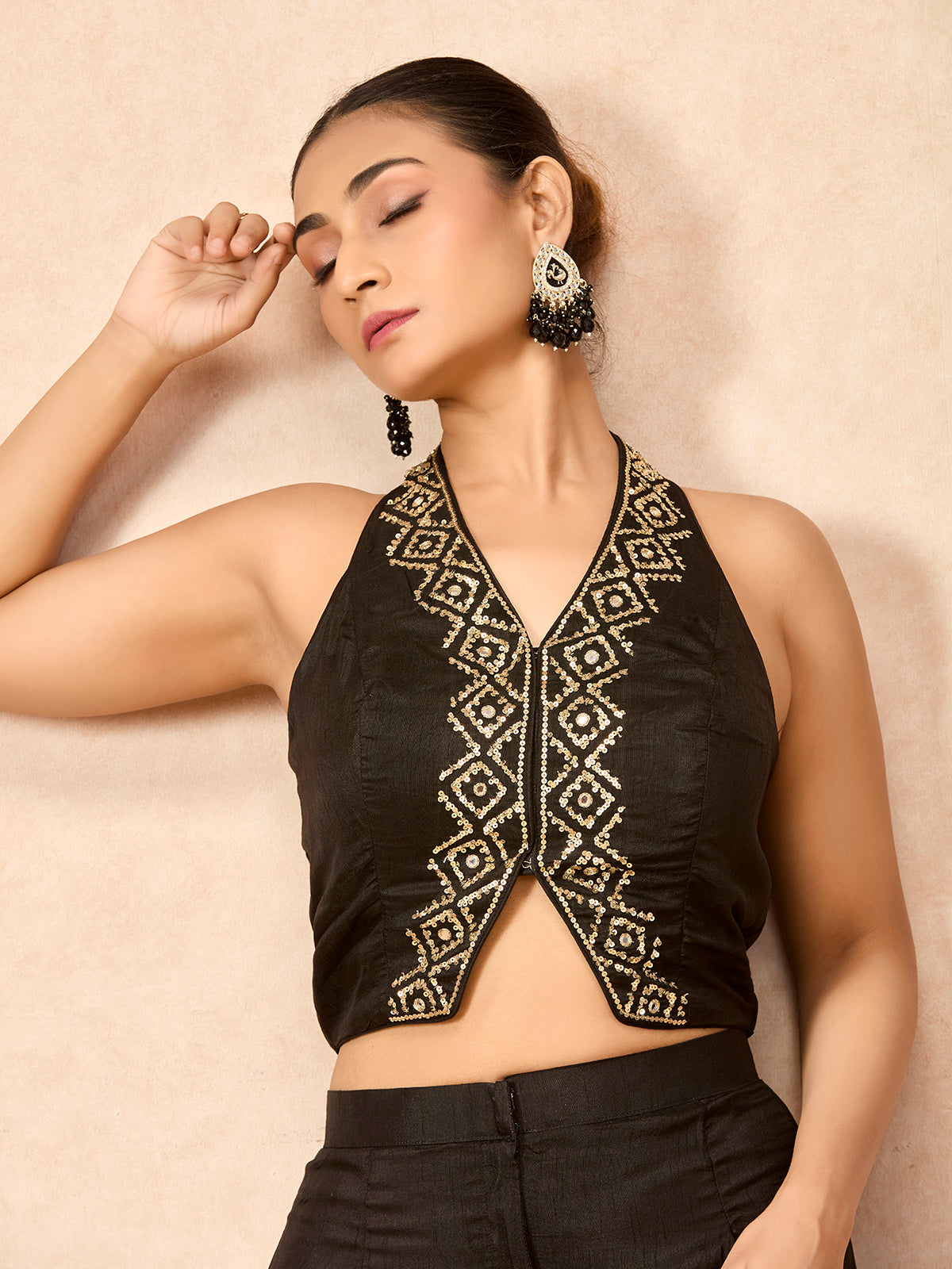 Black women sequin halter palazzo indo western suit
